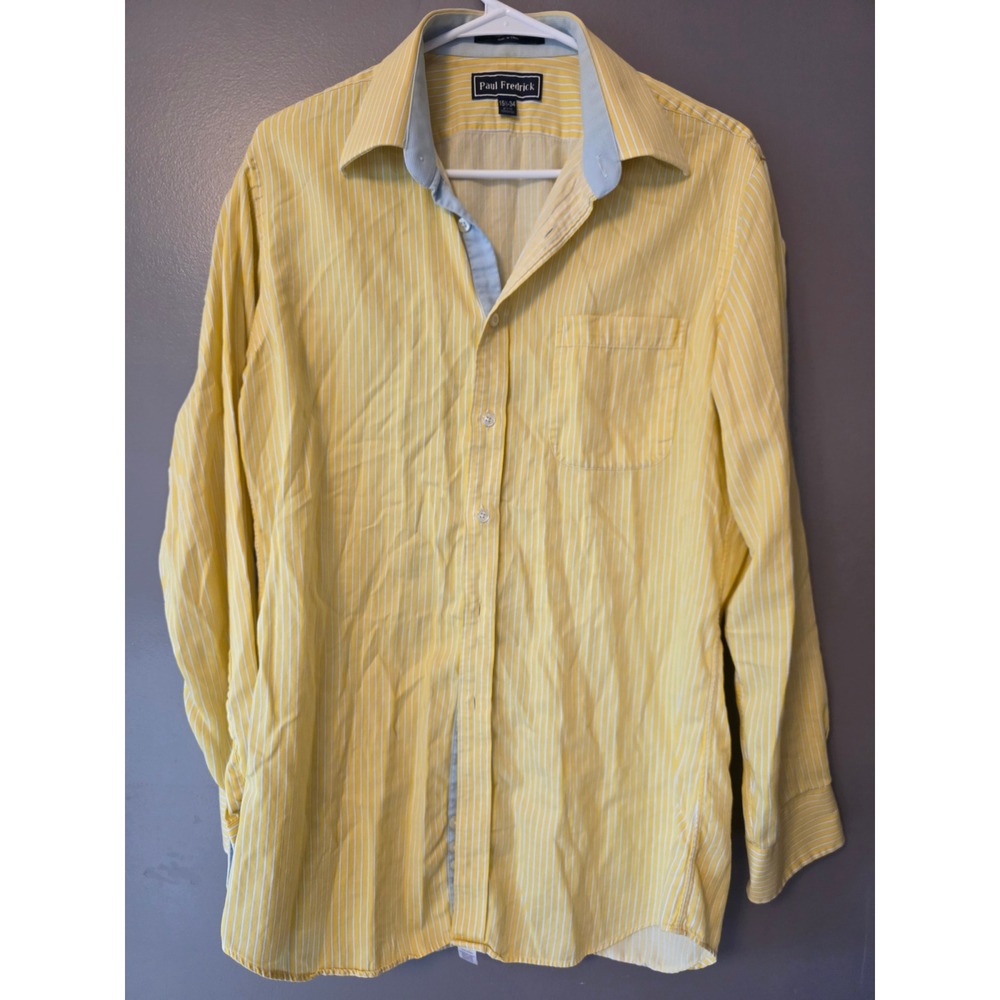Paul Fredrick Mens Slim Fit Dress Shirt 15.5 34 Yellow White Stripe Cotton